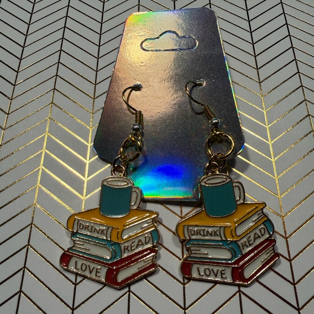 Handmade Book Lover Coffee Earrings Drink Read Love Dangle